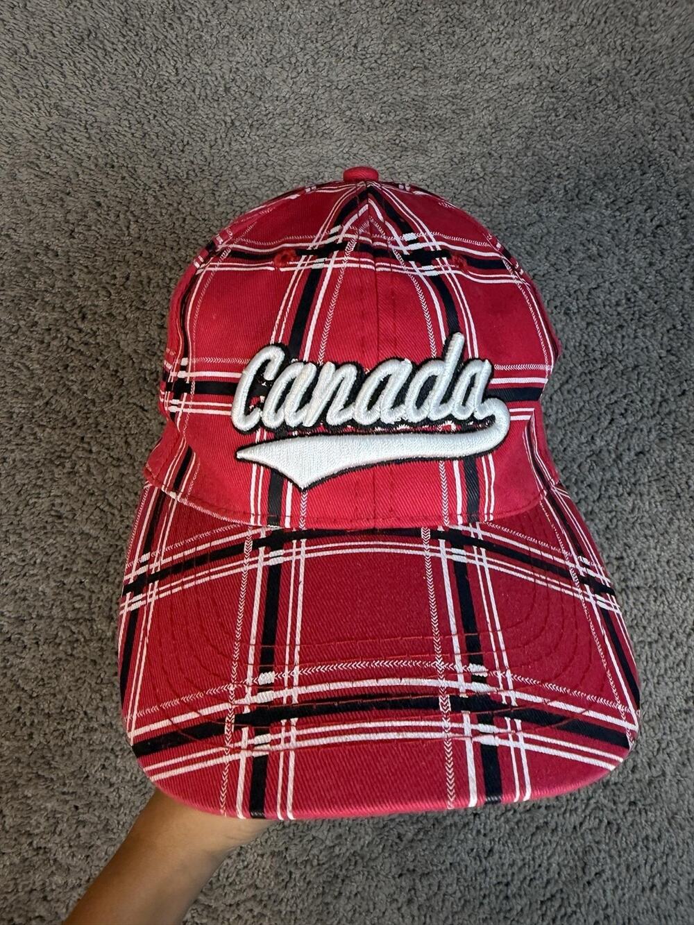 Canada Hat Cap Strap Back Mens One Size Red Plaid Embroidered Maple Leaf
